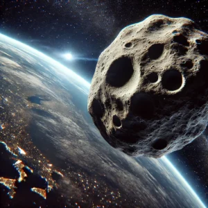 Imagem ilustrativa do asteroide Aphophis se aproximando do planeta Terra
