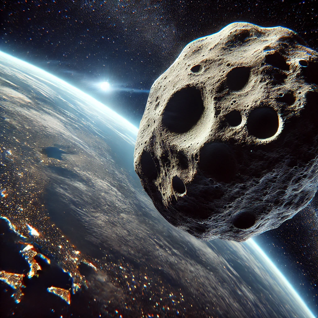 Imagem ilustrativa do asteroide Aphophis se aproximando do planeta Terra