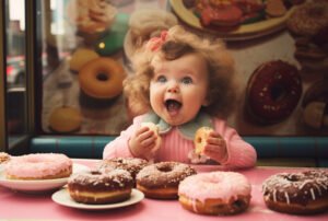bebê olhando uma mesa repleta de doces
