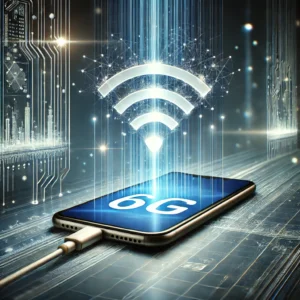 smartphone conectado a uma rede WiFi com ondas de sinal brilhantes, em um cenário futurista representando tecnologia de comunicação avançada, como 6G