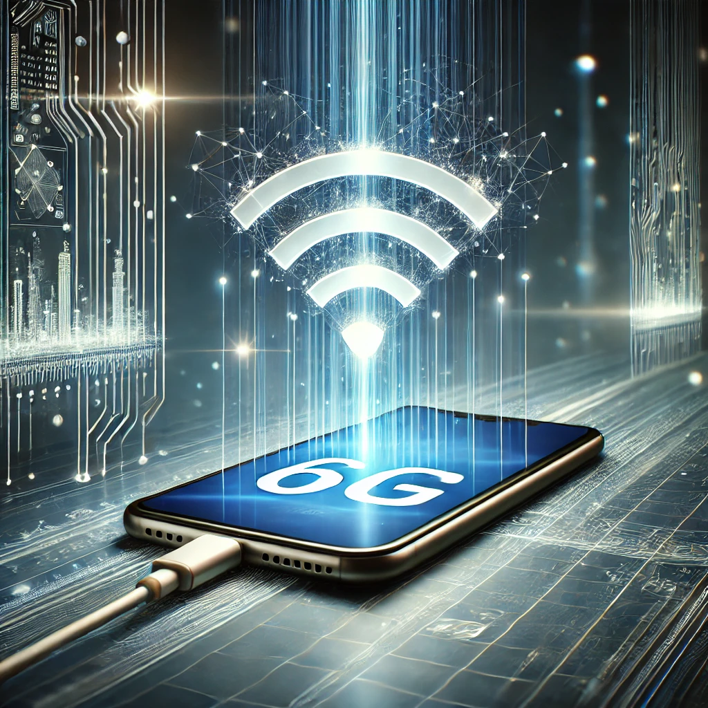 smartphone conectado a uma rede WiFi com ondas de sinal brilhantes, em um cenário futurista representando tecnologia de comunicação avançada, como 6G