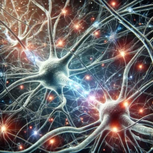 Ilustração detalhada de neurônios interconectados, destacando sinapses e impulsos elétricos em um fundo representando atividade neural.
