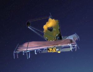 Representação artística do Telescópio Espacial James Webb em operação, fornecendo dados cruciais sobre a expansão do universo.