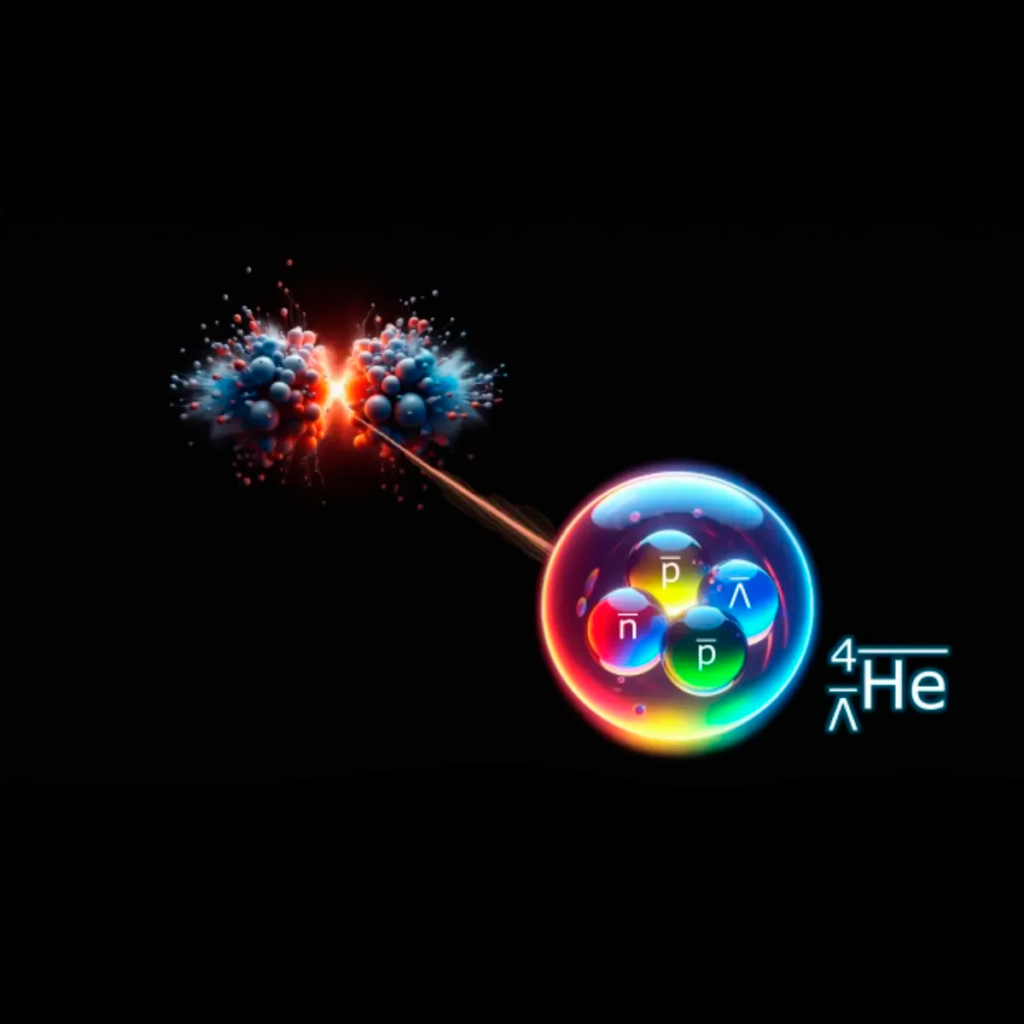 Ilustração de uma colisão de íons de chumbo no LHC, resultando na formação de partículas de antimatéria pesadas como o antihiper-hélio-4.