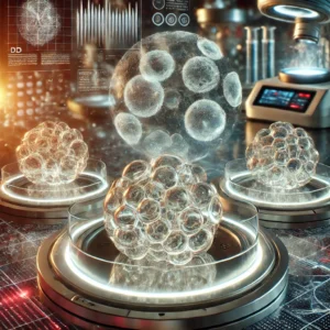sistema de inteligência artificial analisando organoides 3D em um laboratório futurista
