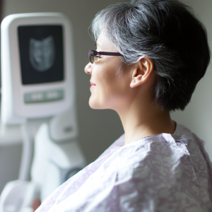 mulher de meia idade realizando exame preventivo de mamografia