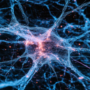 Representação artística de microplásticos se acumulando no cérebro, destacando suas potenciais consequências para a saúde cerebral.
