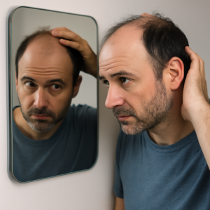 Homem de meia-idade com sinais de calvície olhando atentamente para o espelho e tocando a cabeça, representando a percepção emocional da alopecia androgenética.