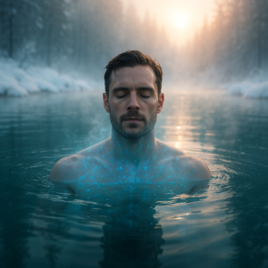 Homem submerso até os ombros em lago gelado, com olhos fechados e expressão serena, simbolizando os efeitos terapêuticos da água fria sobre as células e o cérebro.