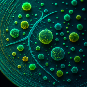 Imagem colorida de bactérias do solo vistas ao microscópio, destacando sua diversidade e potencial medicinal na produção de novos antibióticos.