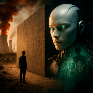Homem em frente a um muro industrial observa um robô humanoide avançado conectado a redes digitais.