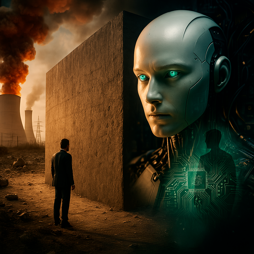 Homem em frente a um muro industrial observa um robô humanoide avançado conectado a redes digitais.