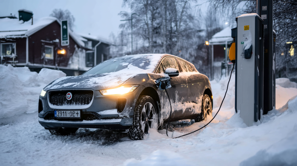 Carro elétrico conectado a um carregador em cenário com neve, ilustrando recarga no inverno.