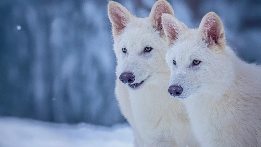 Dois animais jovens de pelagem branca espessa observam atentos em meio a uma paisagem nevada; representam possíveis resultados de engenharia genética inspirada no Lobo Terrível.