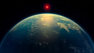 Ilustração de exoplaneta potencialmente habitável com atmosfera, foco da busca por vida fora da Terra.