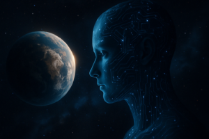 Imagem realista em estilo cinematográfico mostrando o perfil de um androide com circuitos luminosos azuis olhando para um planeta semelhante à Terra no espaço, com estrelas ao fundo.