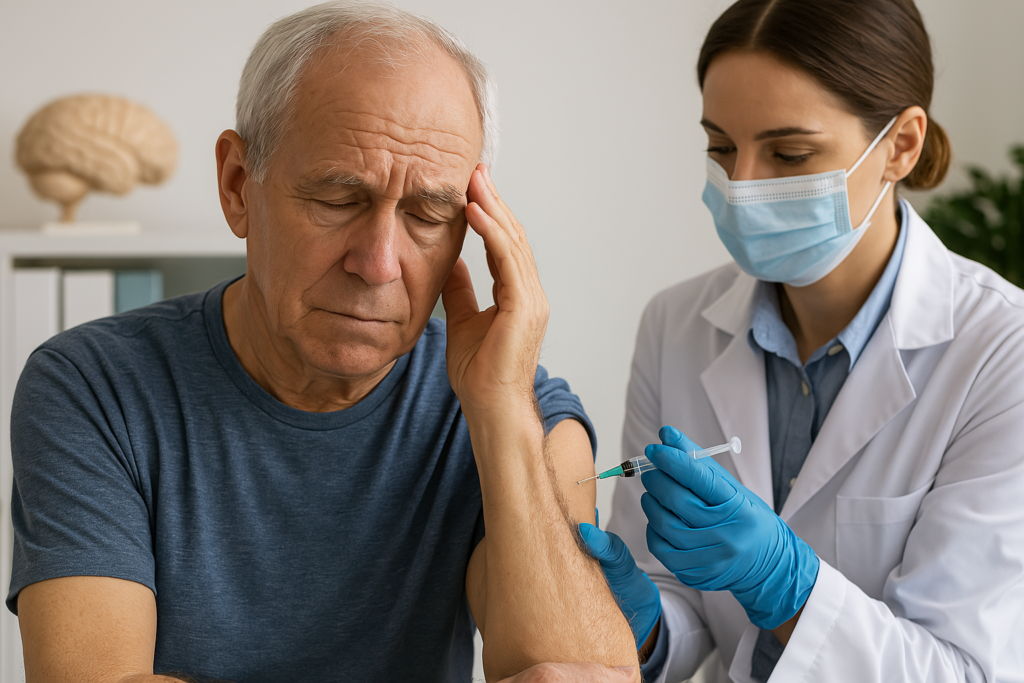 Idoso de cabelos brancos sendo vacinado por um profissional de saúde usando luvas, em um consultório médico com um modelo anatômico de cérebro desfocado ao fundo.