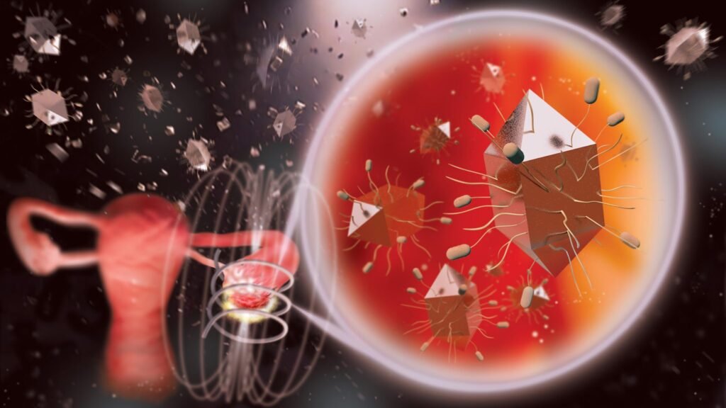 nanopartículas magnéticas em forma de cubo entre duas pirâmides representam um avanço no tratamento de tumores ovarianos e possivelmente outros tipos de câncer