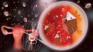 nanopartículas magnéticas em forma de cubo entre duas pirâmides representam um avanço no tratamento de tumores ovarianos e possivelmente outros tipos de câncer
