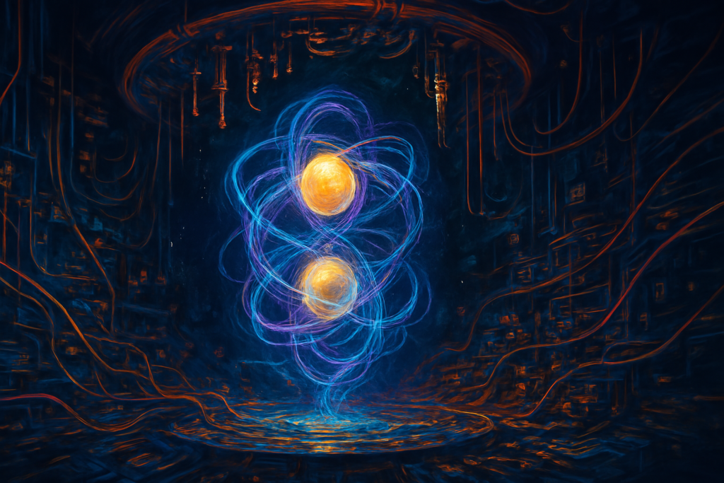 Ilustração artística de dois qubits entrelaçados, representados por esferas douradas envoltas em espirais de luz azul e roxa, flutuando em um ambiente tecnológico escuro com circuitos e fios laranjas.
