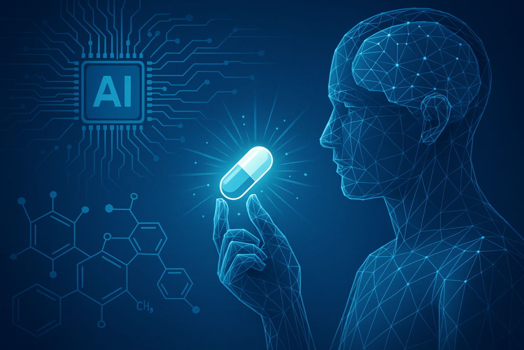 Imagem digital futurista mostrando uma figura humana em wireframe segurando uma cápsula brilhante, com conexões neurais, estruturas químicas e um chip de IA ao fundo, simbolizando o uso da Inteligência Artificial na criação de novos fármacos.