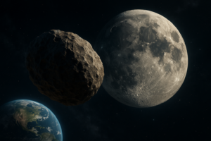 Asteroide 2024 YR4 se aproximando da Lua com a Terra ao fundo no espaço.
