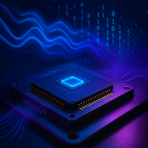 Imagem realista de chip quântico em silício iluminado por luz azul, com efeitos de ondas quânticas e ambiente de laboratório tecnológico futurista.
