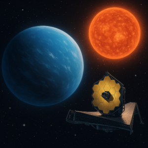 Representação artística de K2-18b com atmosfera azulada, sua estrela vermelha ao fundo e o telescópio James Webb em primeiro plano