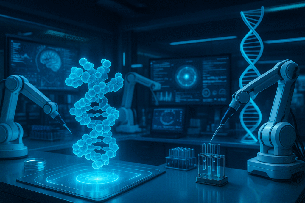 Laboratório biomédico futurista com holograma de proteína 3D, dupla hélice de DNA e braços robóticos operando, representando os avanços rápidos da IA na saúde.