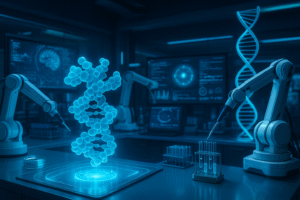 Laboratório biomédico futurista com holograma de proteína 3D, dupla hélice de DNA e braços robóticos operando, representando os avanços rápidos da IA na saúde.