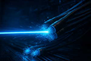 Feixe de super laser azul atravessando cabos de fibra óptica em ambiente futurista — avanço tecnológico na internet
